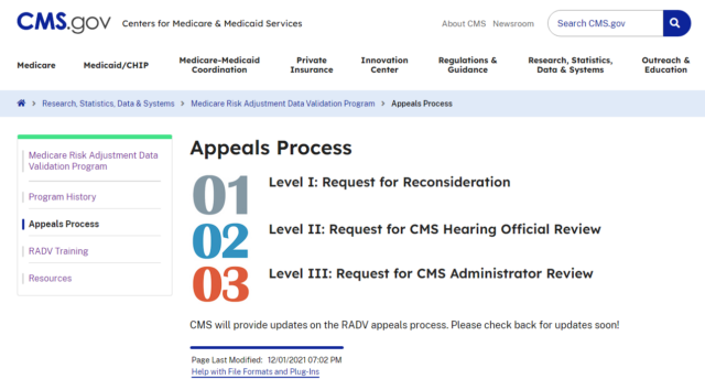 Image of the CMS RADV Website showing the three levels of the appeals process: Level I: Request for Reconsideration, Level II: Request for CMS Hearing Official Review, and Level III: Request for CMS Administrator Review